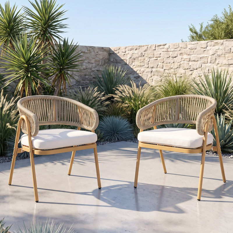 Chaises de salle à manger d'extérieur toutes saisons, fauteuils de patio tissés en corde avec coussins