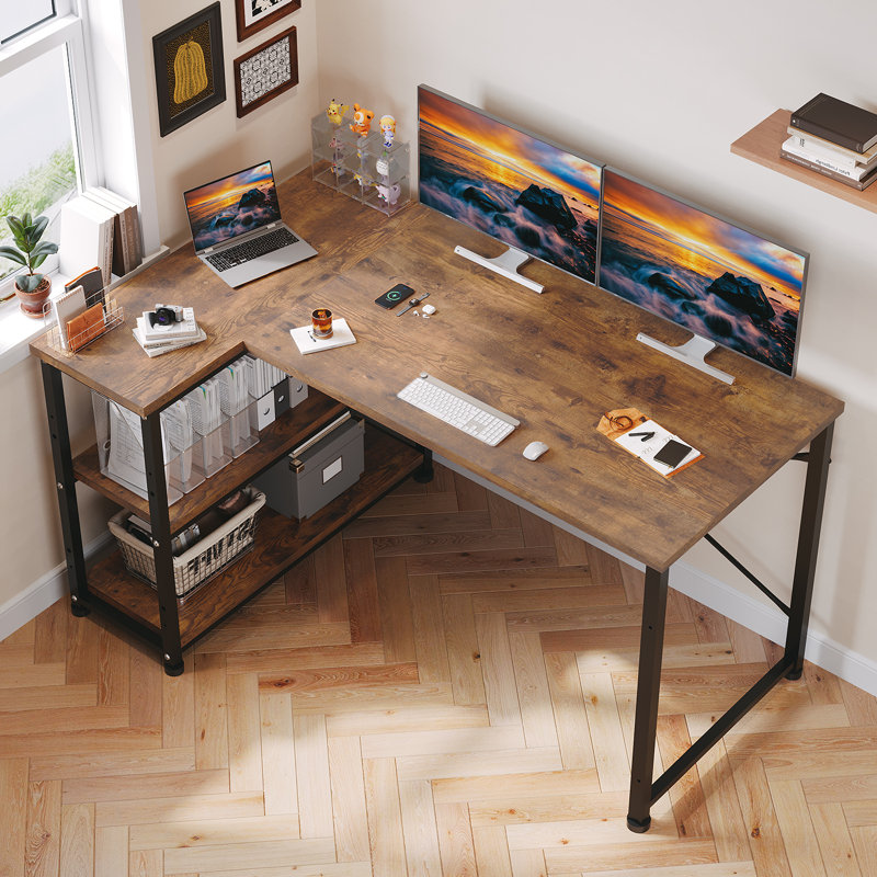 Ambus L Shape Computer Desk, Left Hand, Brown/Black, 140cm W x 80cm D