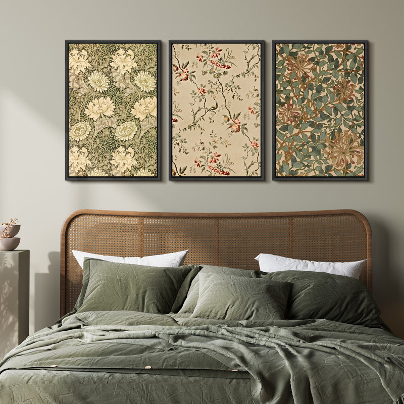 Art mural rétro sur toile à motif floral botanique - ensemble de 3 décorations de style William Morris, H 36 po x l 72 po