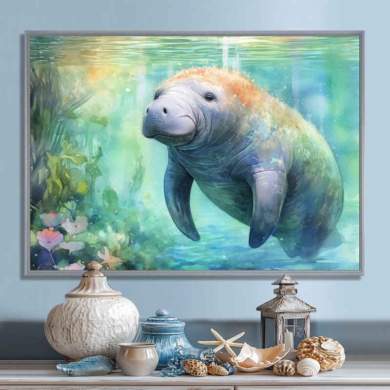 Gentle Manatee II - Art mural de lamantin pour le salon, 16" H x 32" W, Encadrement argenté
