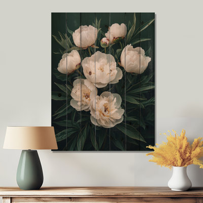 Dark Bloom Of Peonies Petal Serenity II - Peonies Wood Print - On Natural Pine Wood