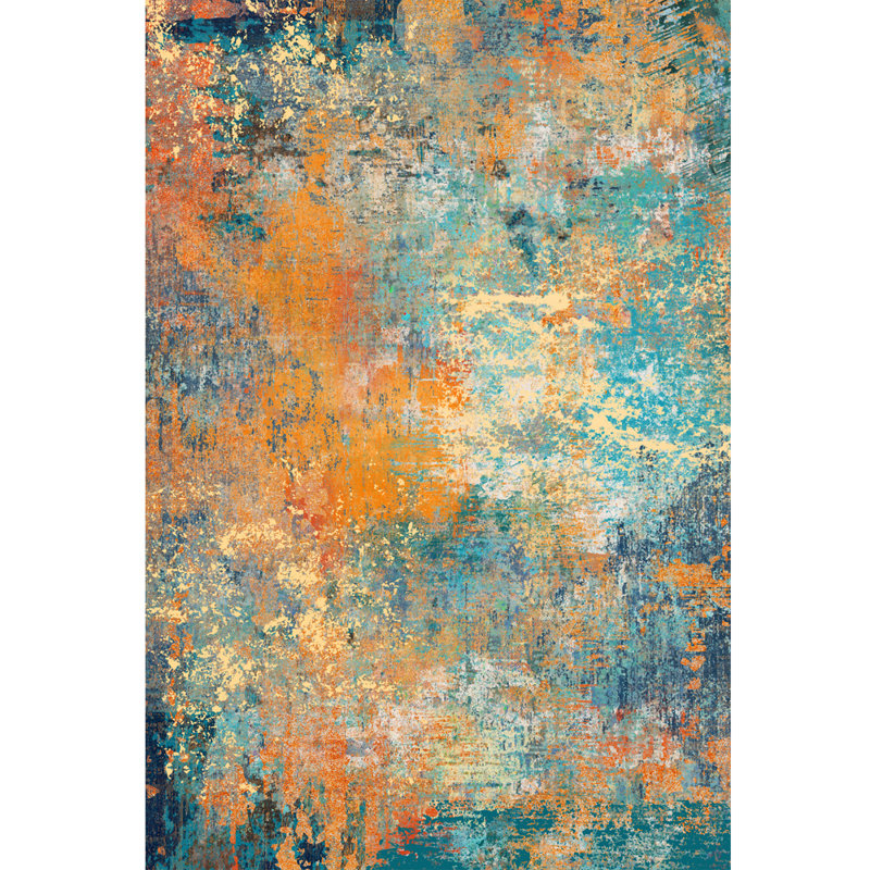 Washable Area Rug Abstract Soft Vintage Inspired Distressed Low Pile for Living Room Bedroom Entryway, Blue/Orange