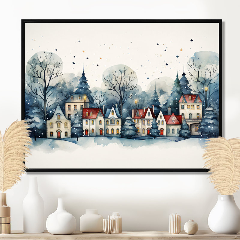 «Christmas Village In Winter I - Winter Landscape», art mural, Cadre flottant noir, H 16 po x l 32 po x P 1 po