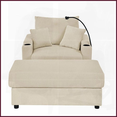 Canapé moderne en velours côtelé beige avec repose-pieds avec rangement et siège profond Porte-gobelets / téléphone pour le salon
