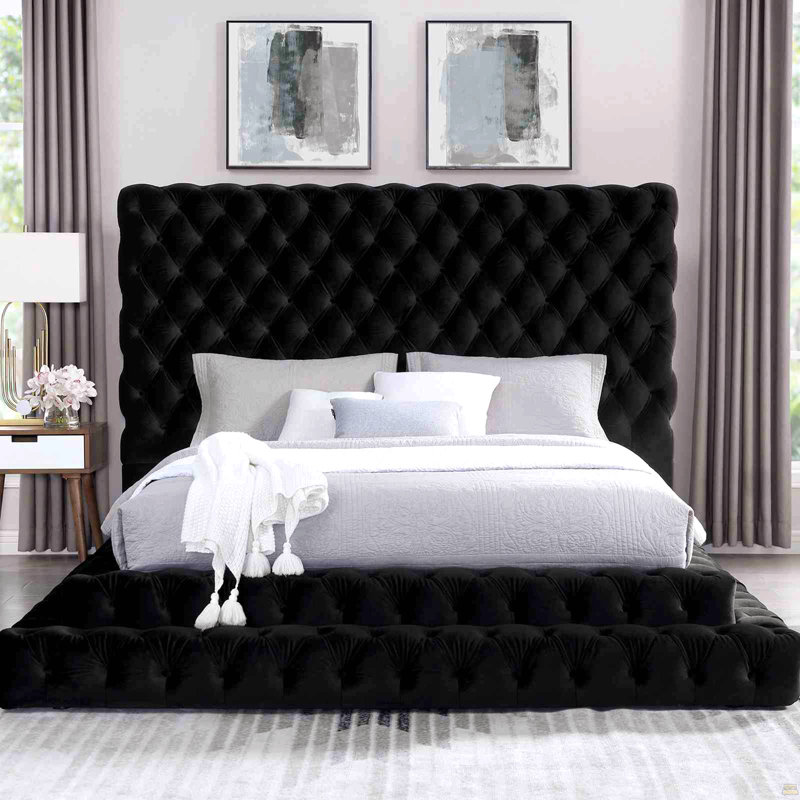 Lit plateforme grand et capitonné 1pc, Black, Grand lit