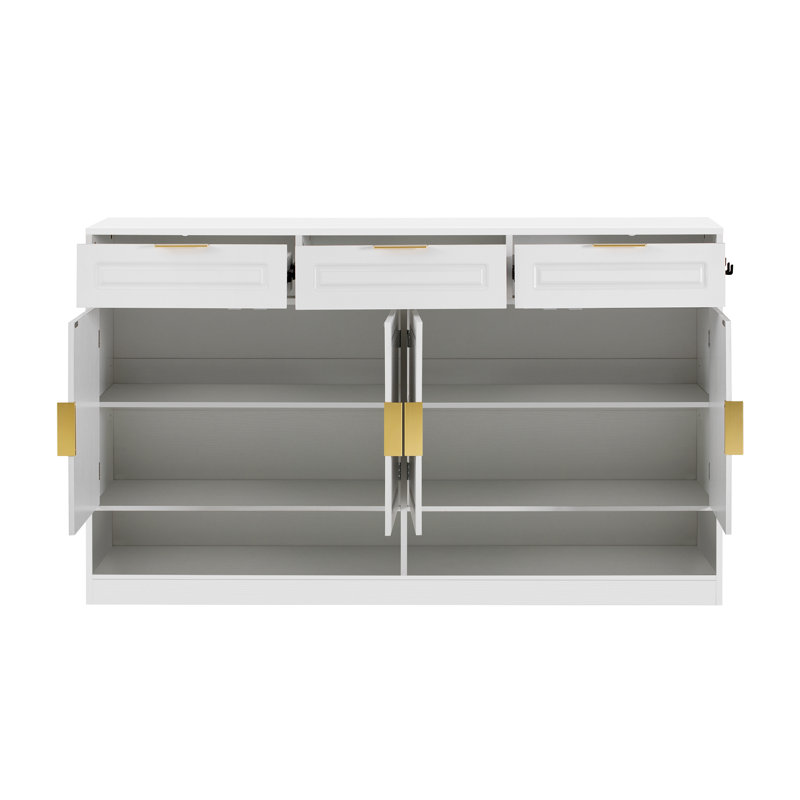 Buffet Farmhouse, armoire de rangement 59 po avec 3 tiroirs, 4 portes, tablette réglable et compartiments ouverts, Blanc