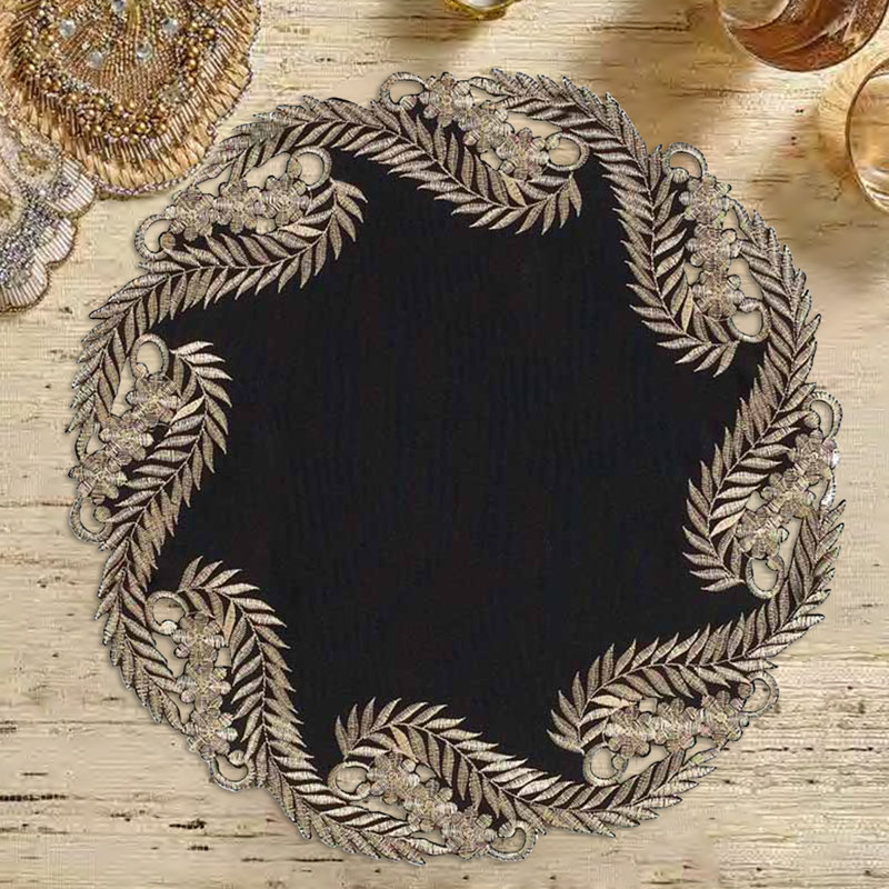 Luxury Round Embroidered Table Doilies of Anyce Collection for Dining Room Decor and Christmas Table Decor, Black/Gold