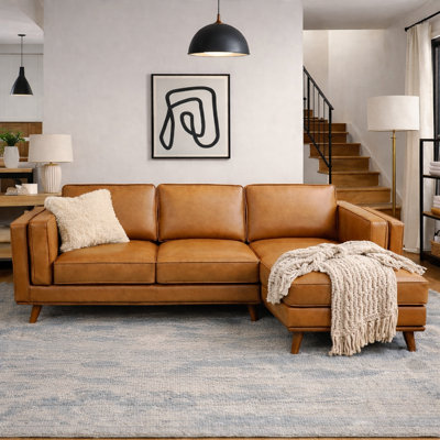 91" Howell Genuine Leather Sectional Mid-Century Modern L-Shaped Sofa with Chaise