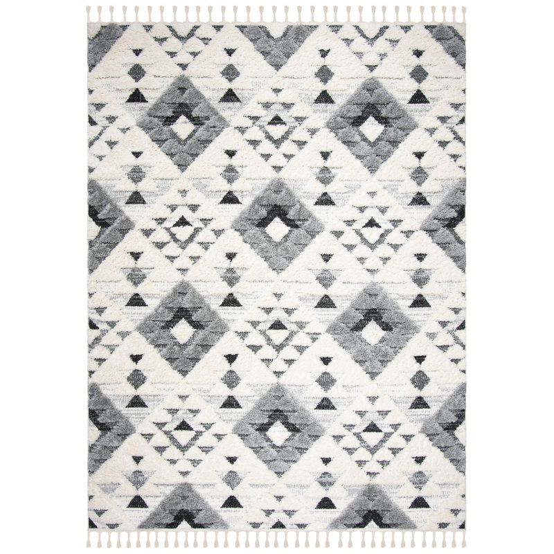 Tapis performance à poil long à pampilles à motif marocain, Rectangulaire 8 pi x 10 pi