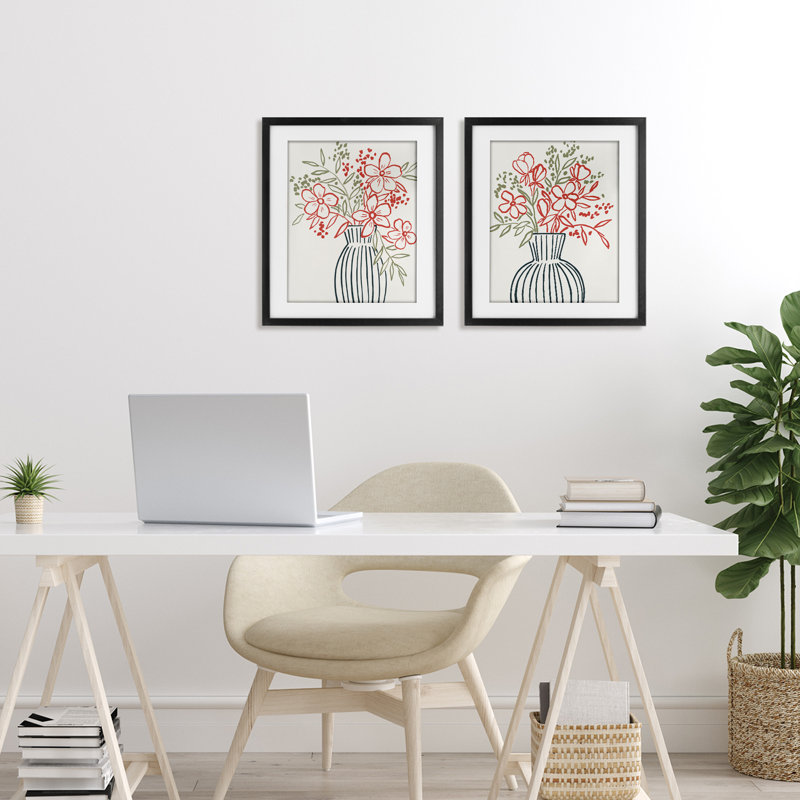 «Botanical Outline Simplicity», ensemble de 2 reproductions encadrées sous verre, design par Aria K., Cadre noir minuit