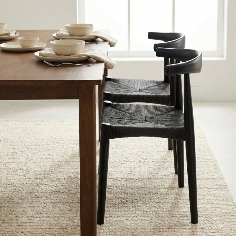 Isla Set of 2 Black Paper Rope & Beech Solid Wood Dining Chairs