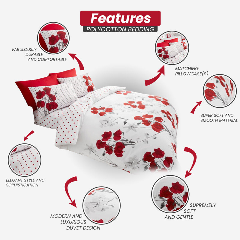 Cotton Blend Floral Duvet Cover with Pillowcases, Red, Kingsize - 2 Standard Pillowcases