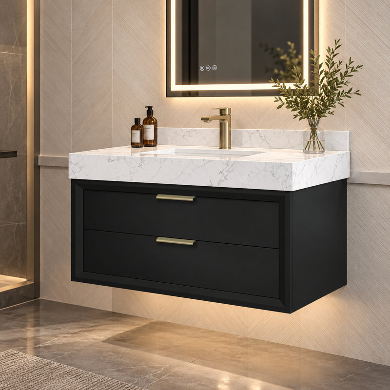 36 " W Wall Mounted Wall Mounted Single Double Single Vanity Bathroom Vanity With Engineered Marble Top, Black
