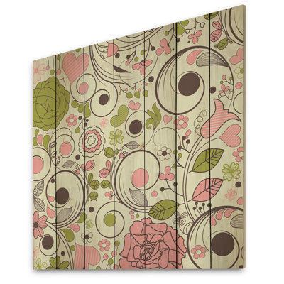 Retro Flowers In Pink And Green - Traditional Wood Wall Decor