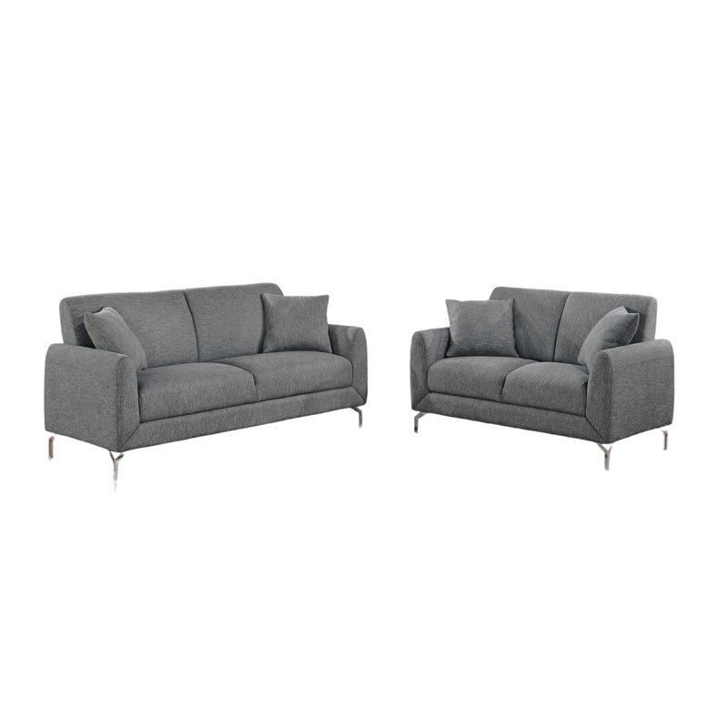 Elegant 2Pc Sofa Set Dark Gray Burlap Like Fabric Sofa Loveseat W Pillows Cozy Design Plush Couch Living Room