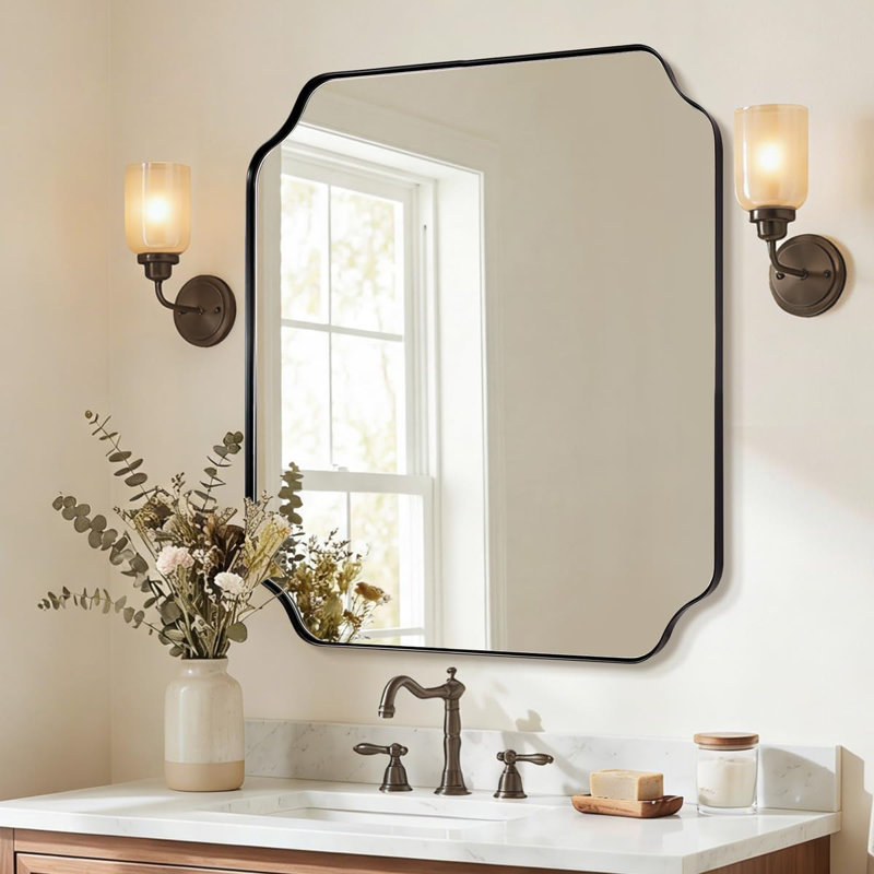 Modern Scalloped Corner Rectangle Bathroom Vanity Mirror | Stainless Steel Frame, Matte Black, 30" x 30"