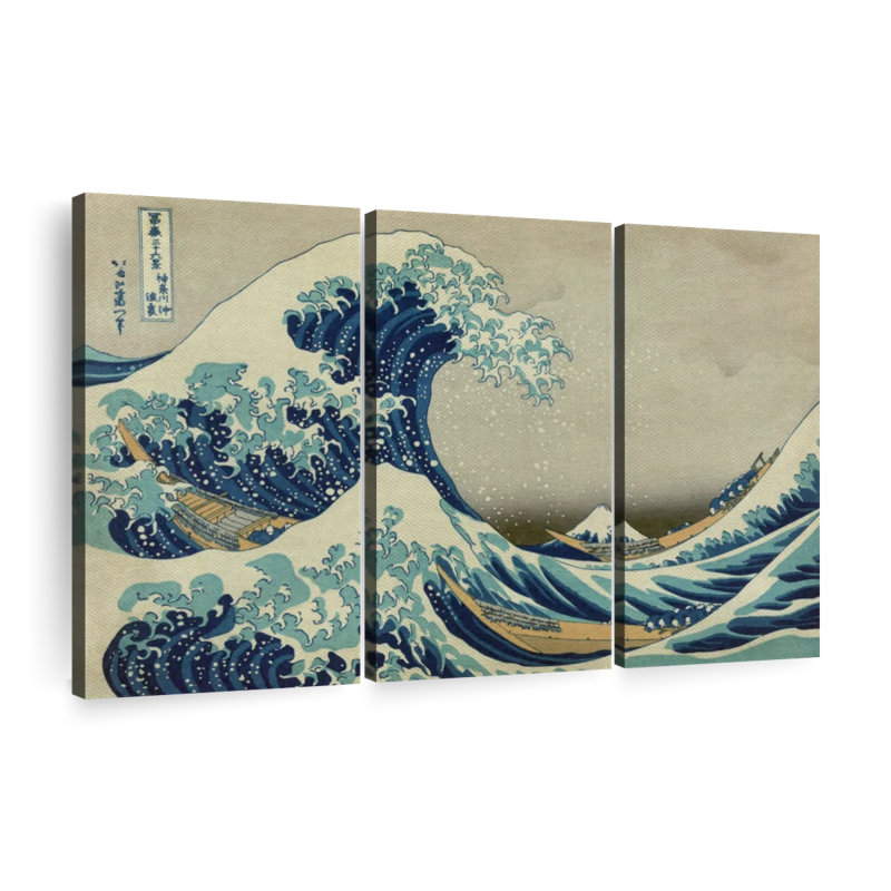 «The Great Wave Off Kanagawa», 3 pièces sur toile, H 28 po x l 45 po x P 1,25 po