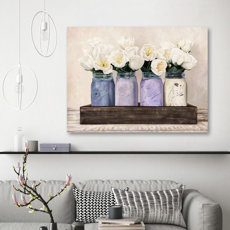 Tulips In Mason Jars by Thomlinson - Wrapped Canvas Print, 90cm H x 120cm W x 4cm D