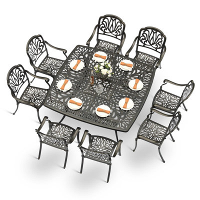 Bloomsbury Market 9-Piece Outdoor Furniture Dining Set For 8, All Weather Cast Aluminum Patio Dining Set- Large 64" Square Table And 8 Chairs, Patio T