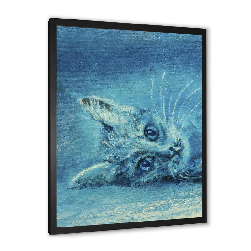 Illustration de chat bleu - œuvre d'art traditionnelle sur toile, Toile avec cadre photo noir, H 20 po x l 12 po x P 1 po