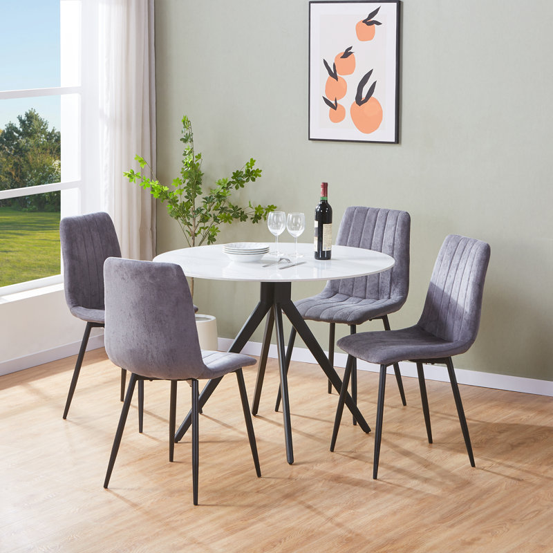 Aspen Sintered Stone Round Table with 4 Straight Stitch Upholstered Fabric Chairs - Modern Dining Set, Grey