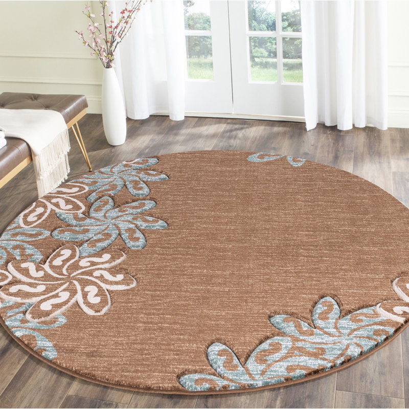 Tapis brun / turquoise à motif floral Zader, Rond 8 pi 1 po