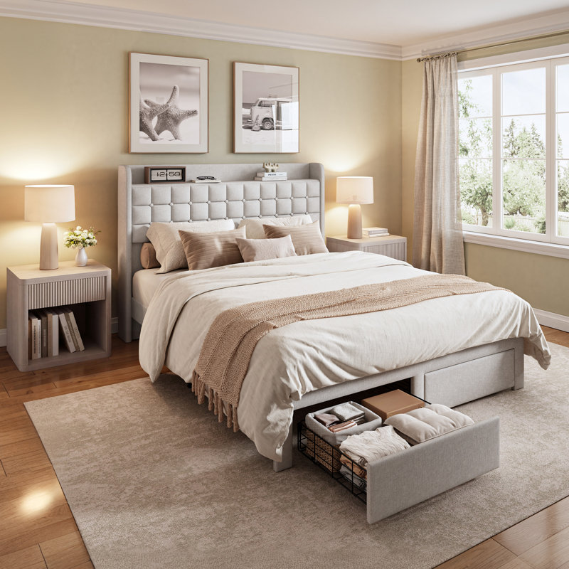 Ensemble de chambre à coucher 3 pièces avec lit plateforme et 2 tables de chevet cannelées, Beige, Queen