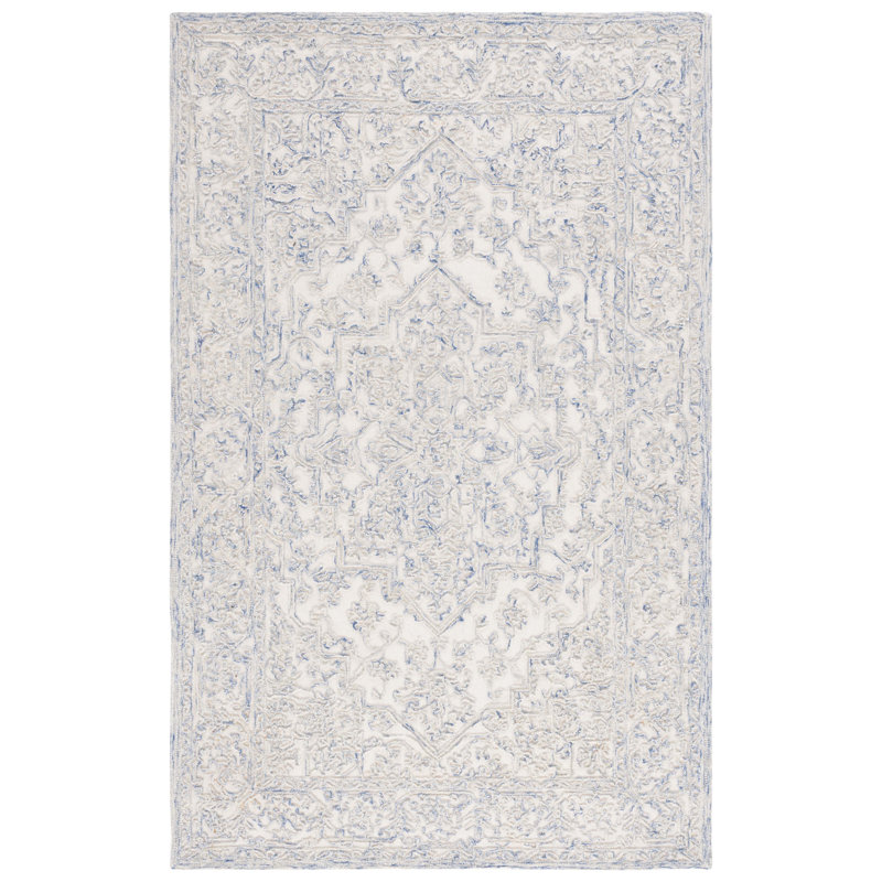 Ivory and Blue Hand-Tufted Wool Area Rug, 3' x 5'