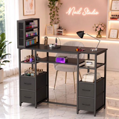 Table de manucure réversible avec support à vernis à ongles, tablettes ouvertes et tiroirs, bureau à clous moderne pour salon et home studio, poste de travail à clous