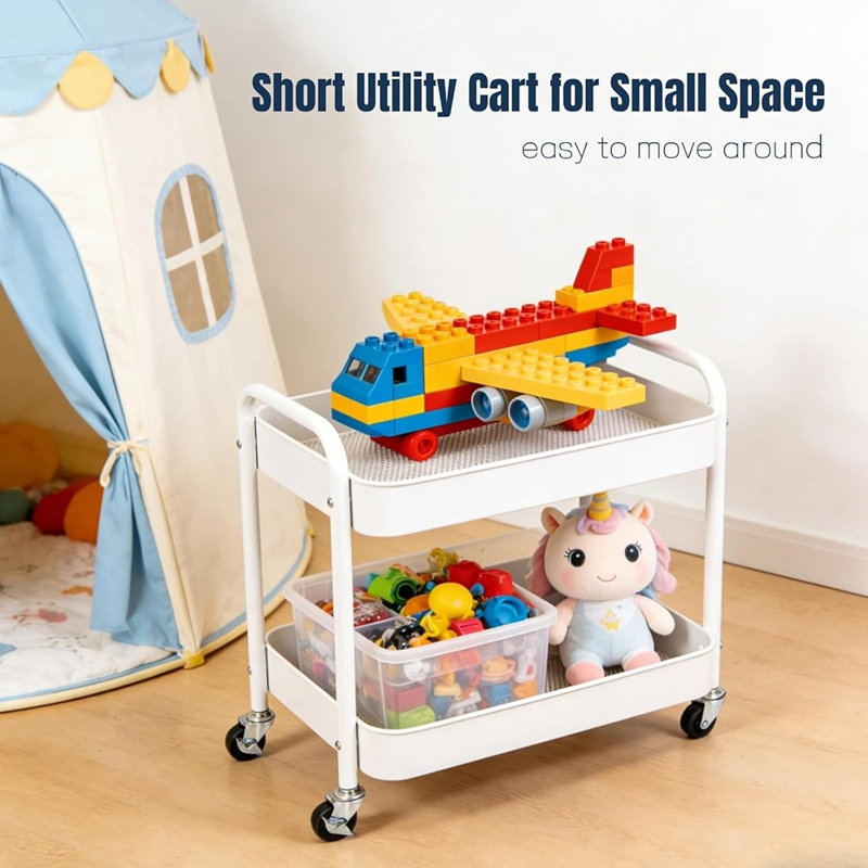 Chariot utilitaire roulant à 2 niveaux en métal avec roues, chariot de rangement sous le bureau et garde-manger avec crochets pour la cuisine, la salle de lavage ou les petits espaces - Blanc