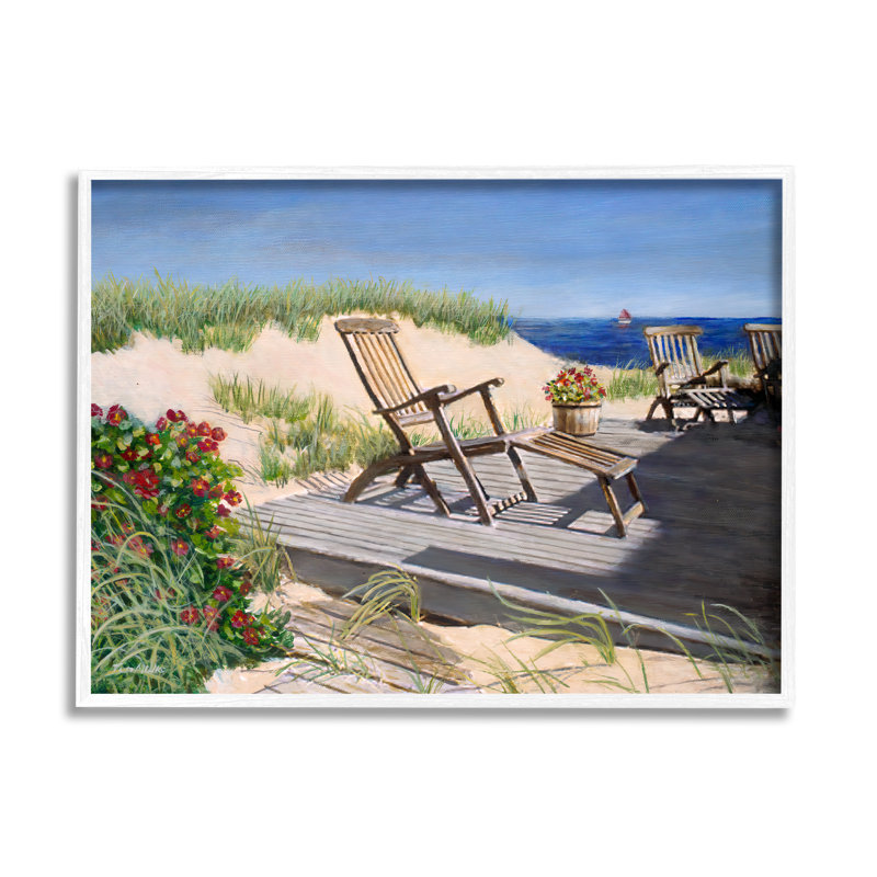 «Relaxing Waterfront Boardwalk Beach Chairs Summer Scene» par Tom Mielko - peinture encadrée sur bois