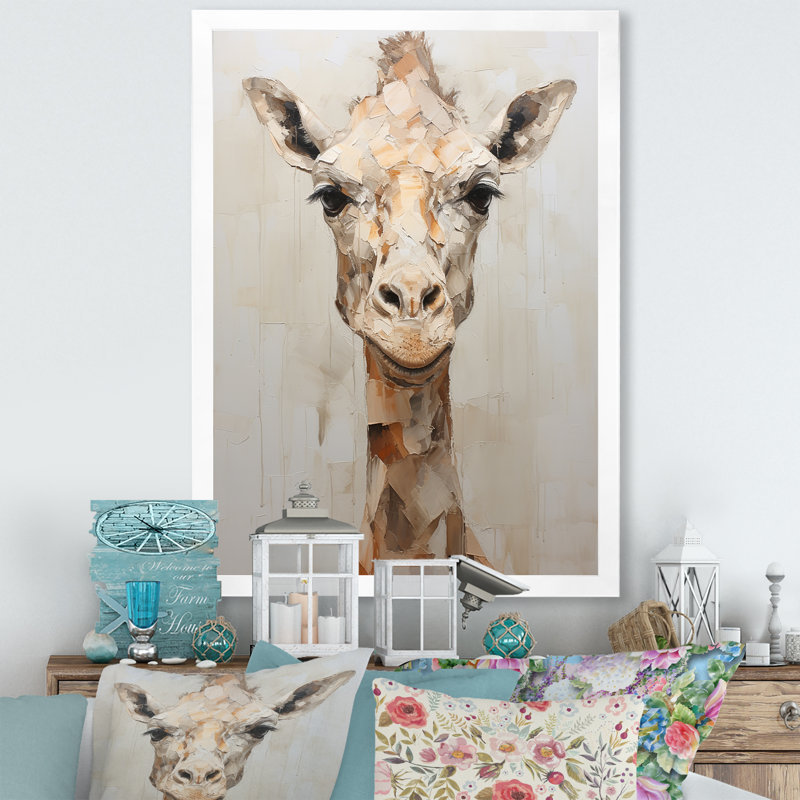 Minimalisme, girafe beige sur toile, H 32 po x l 24 po x P 1 po, Cadre simple blanc