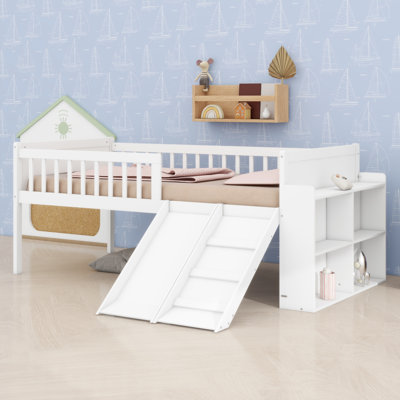 Wooden Bed Frame with Slide, Ladder & Storage Shelves, Guardrail Platform Bed