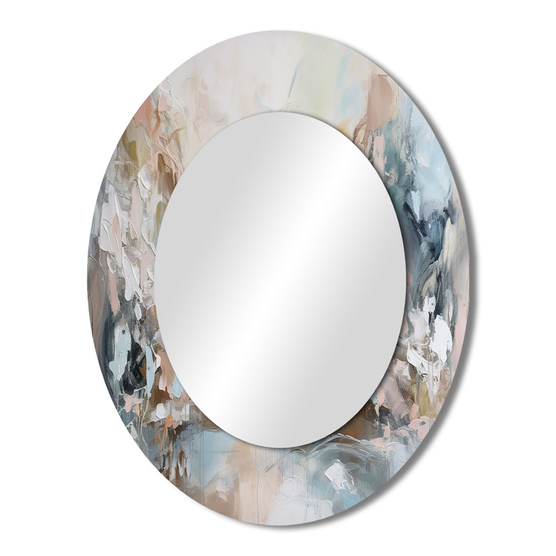 Delicate Brushstrokes Abstract Painting IV - Abstract Oval Decorative Mirror On Metal, 43" x 33"