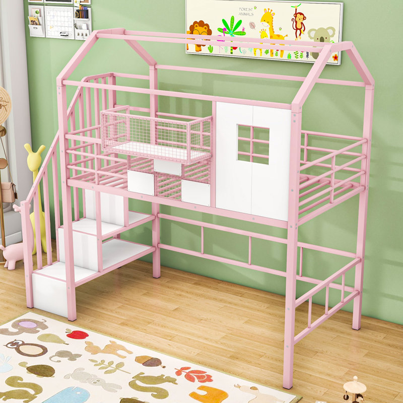 Lit mezzanine simple en métal avec tablettes et boîte de rangement, toit, Rose