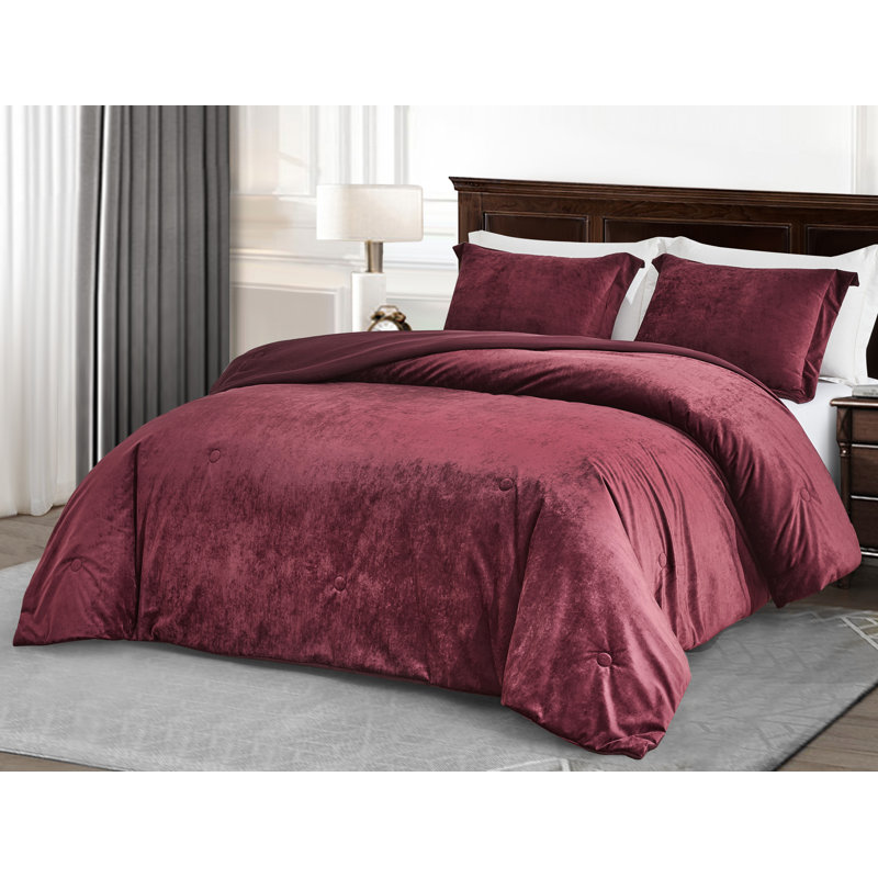 Lux Distressed Velvet Reversible Comforter Set, Queen Comforter + 2 Standard Shams, Burgundy