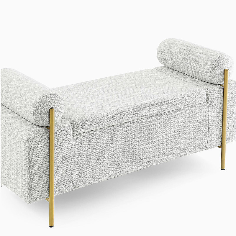 Velvet Storage Bench with Cylindrical Arms and Iron Legs, White