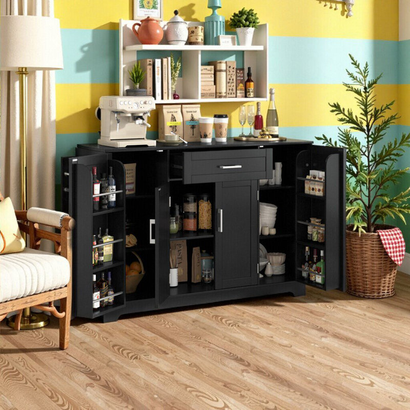 Buffet 4 portes, 1 tiroir avec tablettes réglables et barre à vêtements, Noir