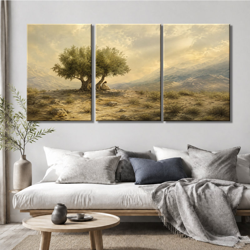3 panneaux muraux Olive Tree Desert Mountain Landscape, reproduction d'art sur toile tendue, 28 * 40 pouces * 3