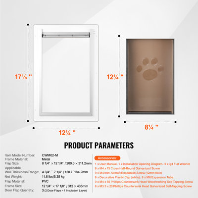 Pet Door, 12.28" x 17.13" Metal Frame with Lock and 3-Flap System Weatherproof Doggy Door, Easy to Install in Interior or Exterior Walls, Pet Door Suitable for Cat Doggie Kitties (White-Medium)