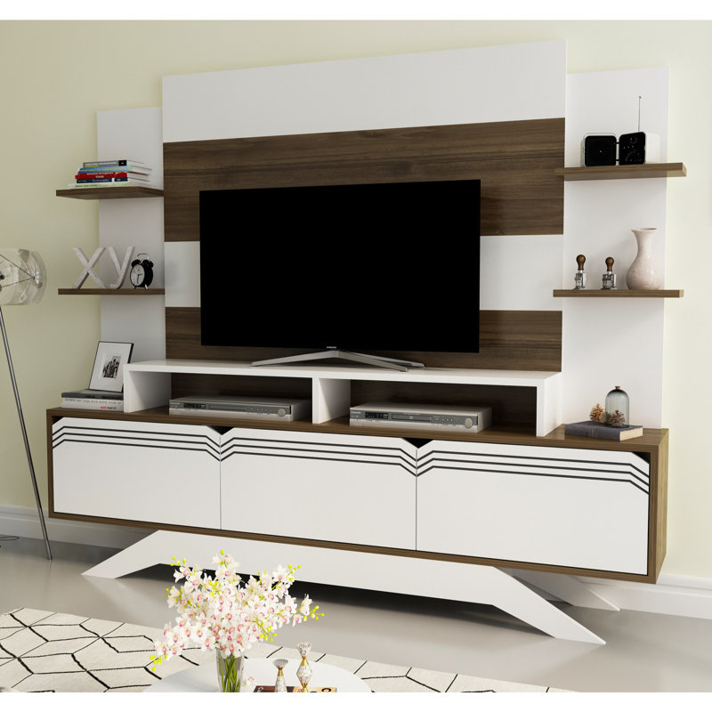 Modern TV Unit with Wall Mount Capability, Walnut & White Finish, 70.9 x 58.5 x 11.6 inches | 100% Melamine Coated Particle Board, Multiple Shelves for Storage, Stylish & Functional Design for Any Living Room