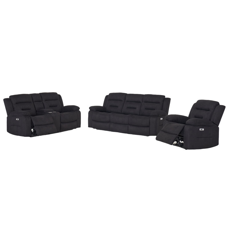 Ensemble de salon inclinable électrique en tissu 3 pièces avec ports de charge USB et USB-C et console de rangement, Black