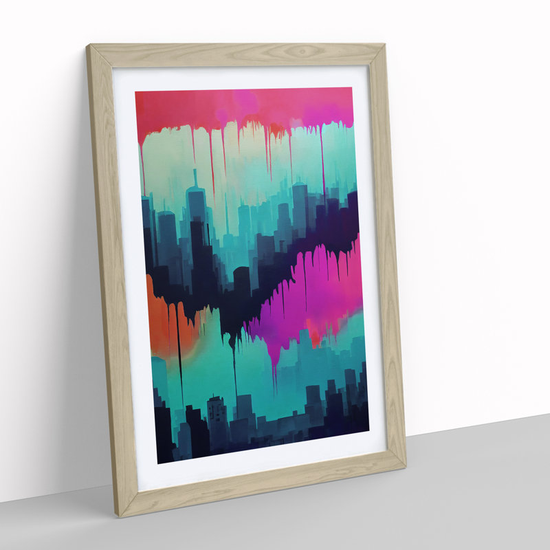 Colourful City Skyline No.2 Abstract 1 Piece Single Picture Frame Painting, 64cm H x 46cm W x 2cm D, Oak