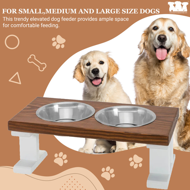 Chestnut and White Elevated Stainless Steel Pet Feeder, 8 Inch