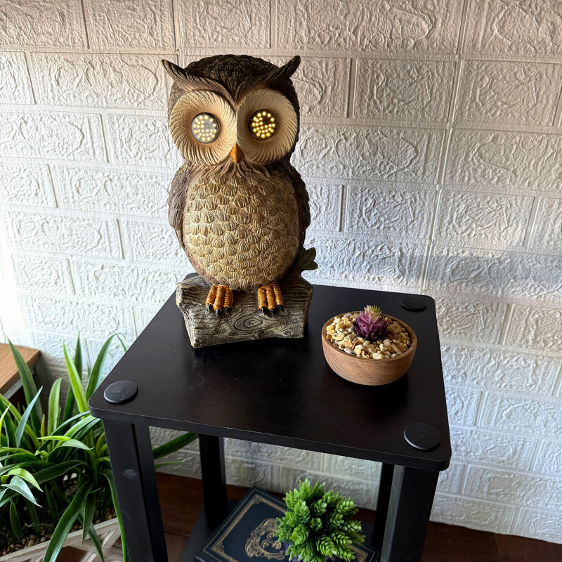 Statue de hibou solaire rustique en résine brune pour l'extérieur, yeux clignotants, 29,8 cm de hauteur