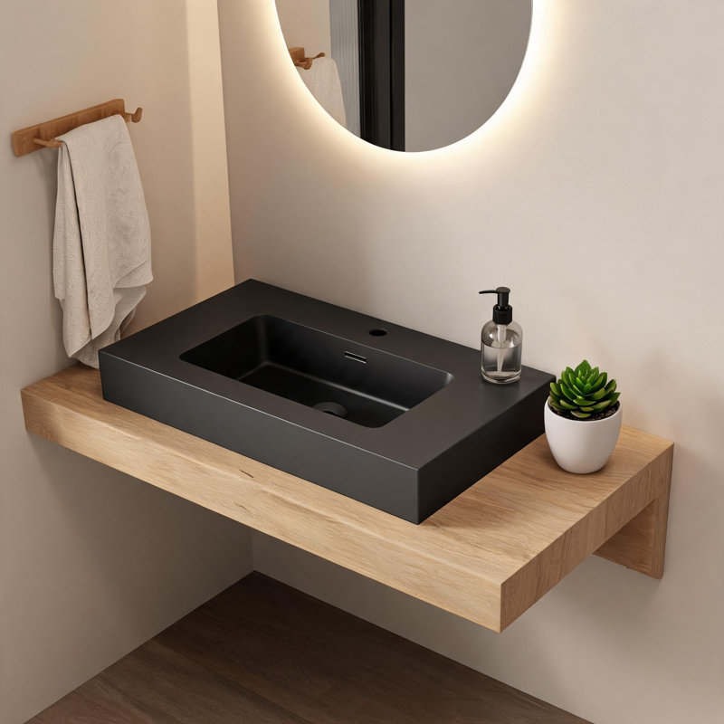 Lavabo de salle de bain intégré de 76 cm (30 po) en surface solide noire mate avec trop-plein intégré