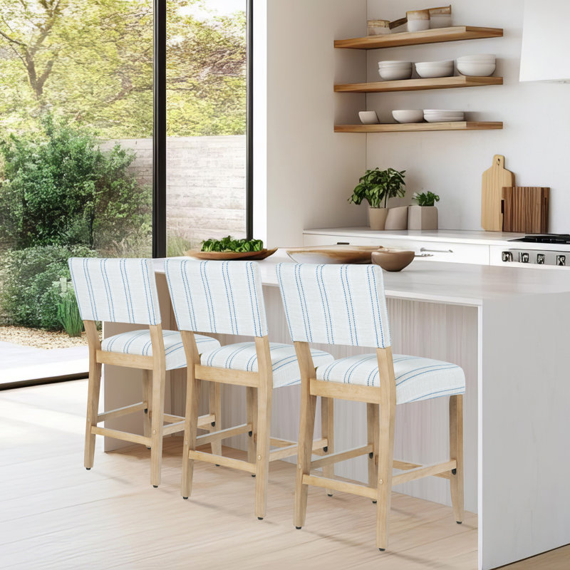 Open Back 24 Inches Counter Stool, Blue and White Stripe