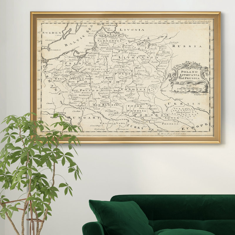 Carte de la Pologne-impression d’art graphique sur toile encadrée, H 26,5 po x l 36,5 po x P 1,5 po, Encadrement doré