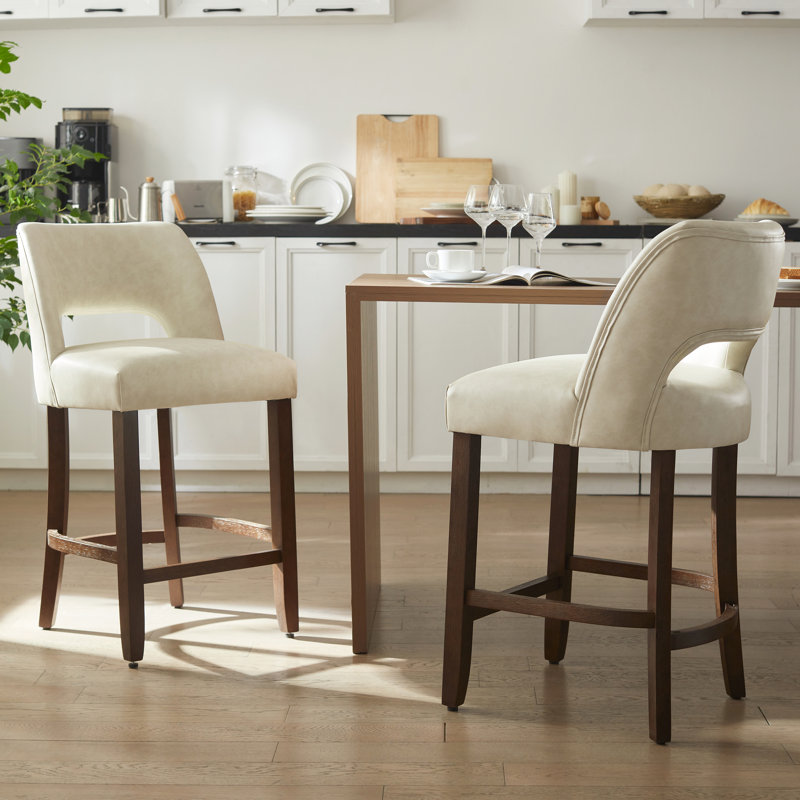  Bisto Faux Leather Upholstered Counter Height Bar Stool With Solid Wood Legs Set of 6, Beige, 6