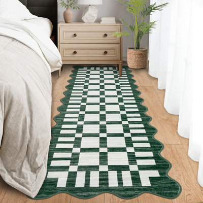 Tapis lavable à damier avec bordure festonnée - Tapis décoratif antidérapant pour le salon, la chambre à coucher, l'entrée